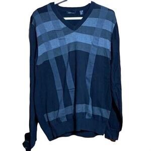 Van Heusen Mens V Neck Sweater Geo Print Pullover Long Sleeve Black Gray XL